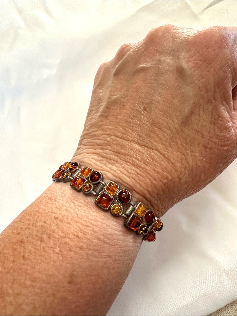 925 Sterling Silver Baltic Amber Geometric Link Bracelet 7.25” - Picture 1 of 6